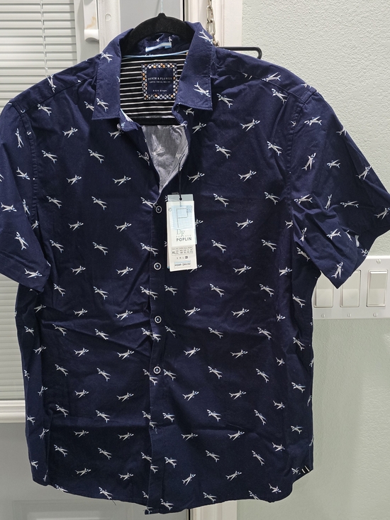 denim flower Other - Men's Navy Short-Sleeve Button-Down Shirt with Airplane Print